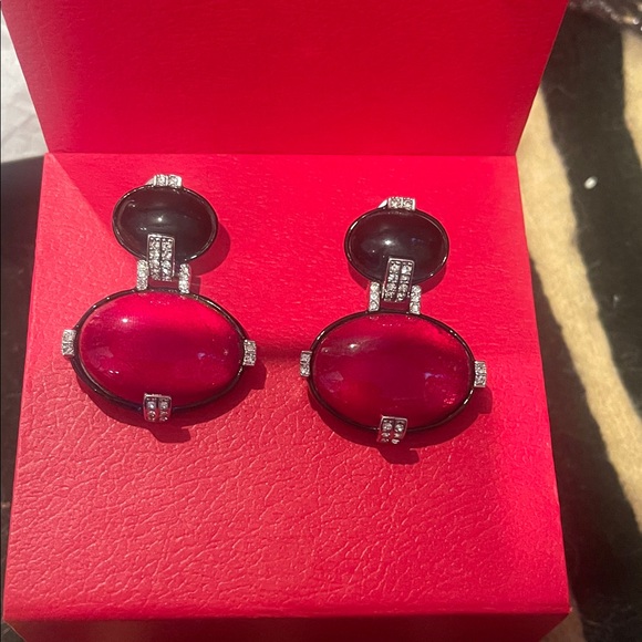Carolina Herrera Red and Black Glass Drop Earrings with Crystal Accents